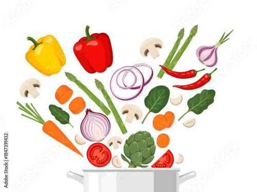 A vibrant array of fresh produce, including bell peppers, onions, carrots, and asparagus, tumbles dynamically into a silver pot, capturing the colorful and energetic essence of healthy home cooking