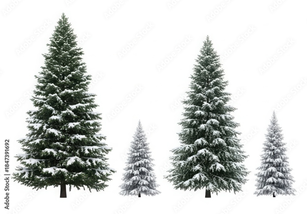Obraz premium Snow covered evergreen trees in various sizes on white background