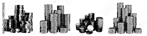 Set black and white silhouette stack of coin vector for finance apps. Ideal for banking icons, profit charts, investment graphics, and wealth concepts.