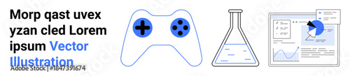 Gaming, scientific research, data analytics, technology, testing, reports. A controller, a flask and data charts. Gaming and scientific research concepts in a modern visual style