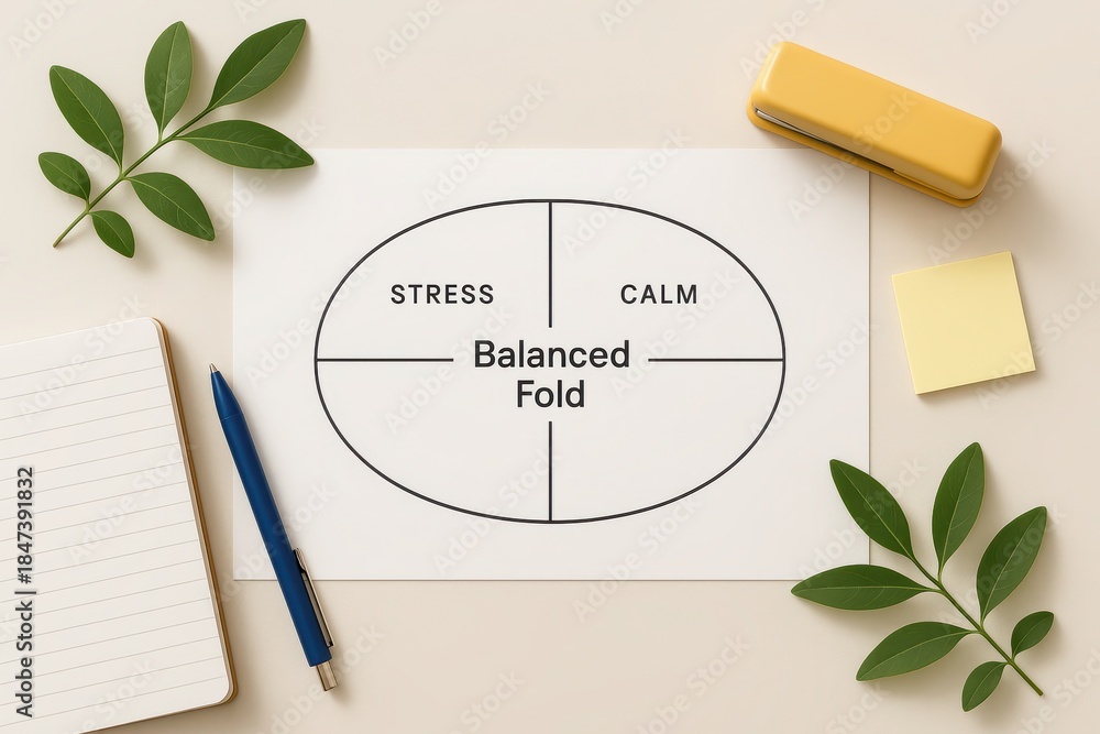 Fototapeta premium Mindful equilibrium: A visual depiction of balance through a symbolic representation of stress and calm coexisting in harmony, surrounded by stationary supplies.