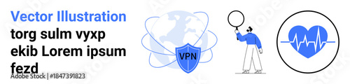 VPN shield over globe, person with magnifier, and heartbeat icon. Ideal for technology, online security, healthcare, exploration, global connectivity, data privacy simple landing page