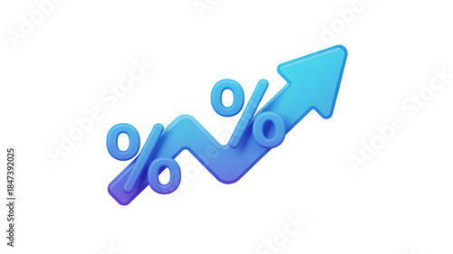 3d rendering of a blue gradient percentage symbol moving along an upward trending arrow graph on black