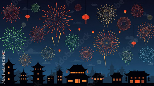 Vibrant fireworks exploding in night sky above traditional asian pagoda buildings with warm lanterns
