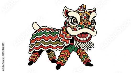 Colorful lion dance costume with intricate patterns and designs on white background