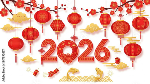 Vibrant red lanterns and cherry blossoms celebrate 2026 new year