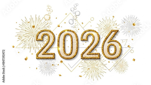 Glittering gold 2026 new year's celebration with fireworks on white background