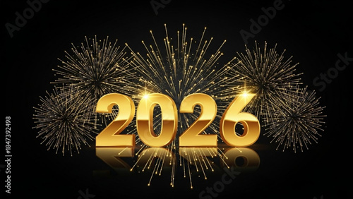 Golden 2026 new year celebration with fireworks on black background