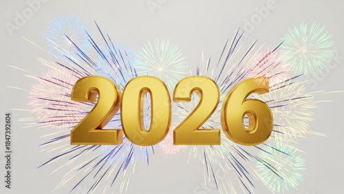 Golden 2026 new year celebration with fireworks on gray background
