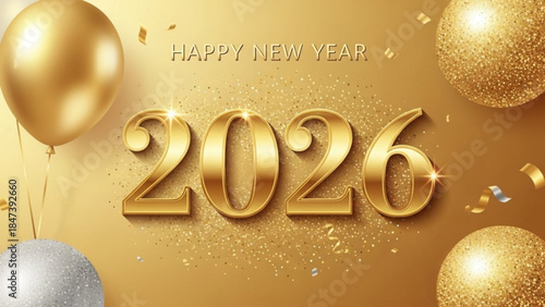 Gold balloons and confetti celebrate happy new year 2026 with shiny decorative orbs