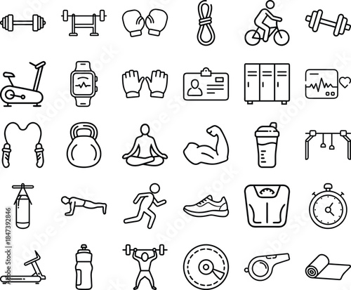 Fitness and Gym Line Icons Set – Workout, Training, and Health Outline Vector Collection