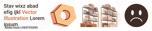 Supply chain, logistics, inventory management, manufacturing, emotions, storage solutions. Hexagonal nut, warehouse shelves with boxes sad face symbol. Supply chain and logistics concept