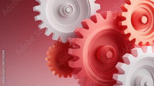 Colorful Gears in Motion Against a Red Gradient Background