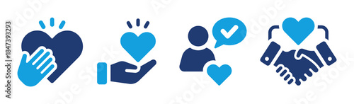 Flat vector icon set representing trust, care, honesty, compassion and human connection, featuring hands, hearts, handshake and user approval symbols