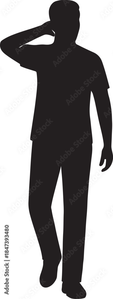 Fototapeta premium Thinking Man Silhouette: A silhouette of a man with hand to head, creating a contemplative atmosphere and a sense of pondering and idea.