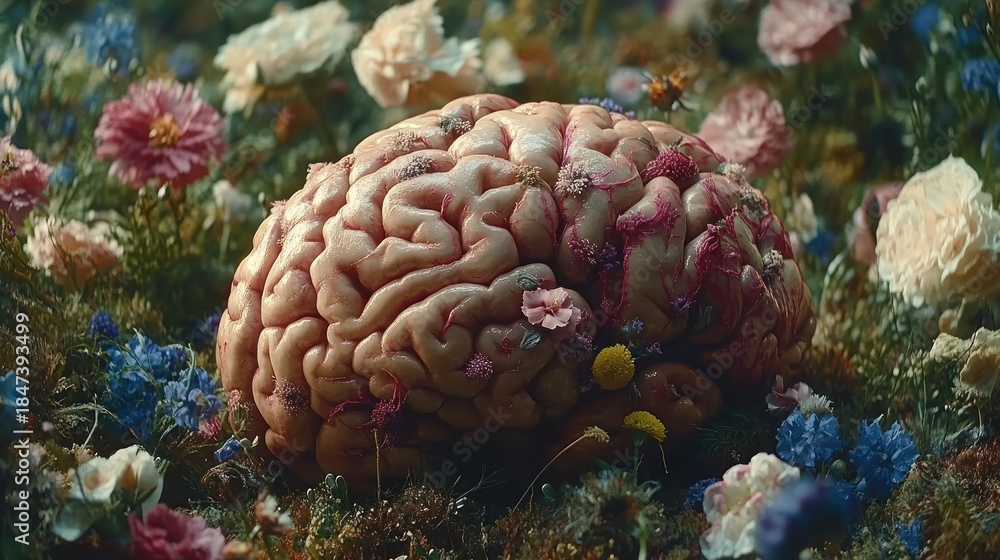 Fototapeta premium Human brain amidst colorful flowers