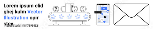 Financial technology, online communication, digital payments, workflow automation, email services, communication tools. ion of a conveyor, a mobile device and an envelope graphic. Financial