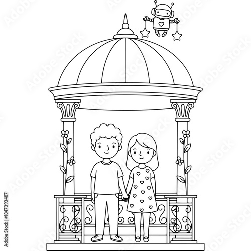 Cute cartoon couple holding hands under a gazebo with a robot friend Vector