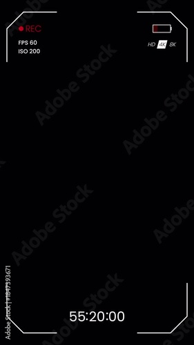 Vertical camera screen recorder frame overlay with minimal HUD design and recording interface alpha channel