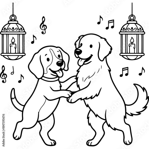 Two happy dogs dancing to music under lanterns Vector