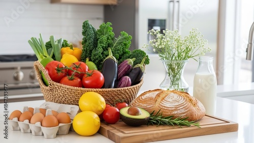 Fresh vibrant vegetables fruits bread eggs milk modern kitchen counter for healthy nutrition