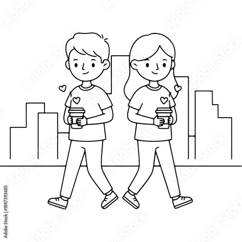 Cute cartoon couple walking with coffee cups Vector