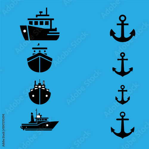 Nautical Ship and Anchor Icon Set on Blue Background