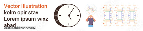 Time management, data flow, problem-solving, technology, brainstorming, system design. Clock, person holding head abstract shapes. Time management and data flow concepts visually