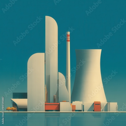 Futuristic Industrial Complex with Cooling Tower and Smokestack Design