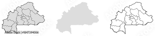 Map of Burkina Faso. Three different geographic styles for education, cartography, infographic design, reporting.