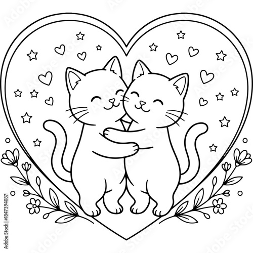 Two cute cats hugging inside a heart with stars and flowers Vector