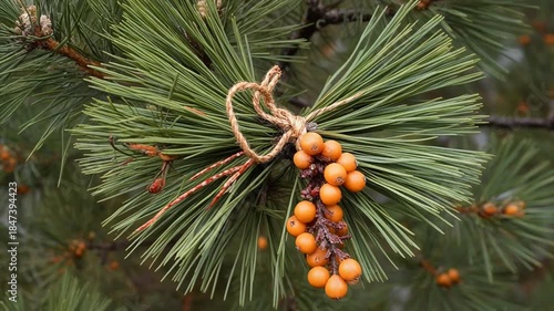 Close-up of pine branch with orange berries on a tree