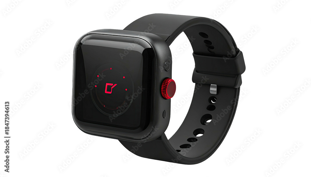 Fototapeta premium Black smartwatch with a red button, displaying a red design on screen