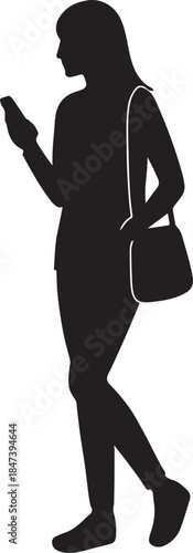 Silhouette of a Woman with Handheld Device: A stylish silhouette captures a woman engrossed in her phone, with a shoulder bag slung casually, navigating her day in modern urban life.