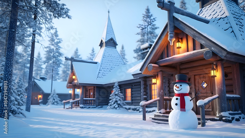 Wallpaper Mural Cozy winter scene with snow-covered wooden cabins and a cheerful snowman in a peaceful forest setting perfect for holiday and winter season imagery Torontodigital.ca