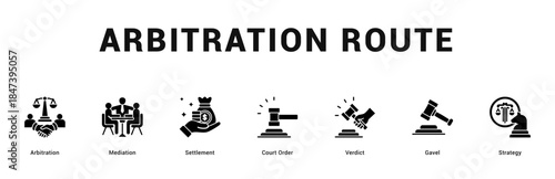 Arbitration Route Modern and clean web banner illustration featuring thematic icons for visual communication