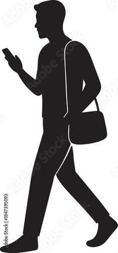 Silhouette of a Walking Man with a Phone: A minimalist, high-contrast silhouette depicts a man engrossed in his phone as he strolls forward, slung a bag.