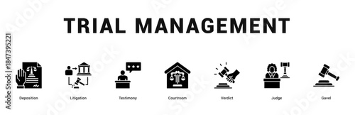 Trial Management Modern and clean web banner illustration featuring thematic icons for visual communication