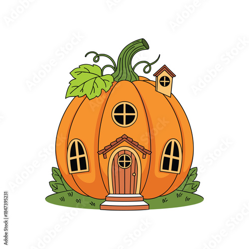 Pumpkin house in autumn isolated on white background, Vector, illustration