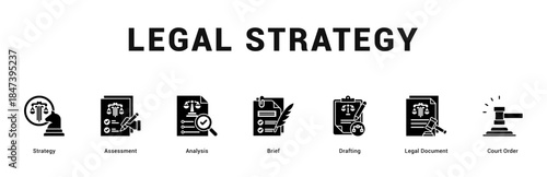 Legal Strategy Modern and clean web banner illustration featuring thematic icons for visual communication