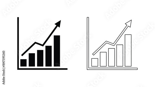 Two black and white line drawings depicting upward trending bar graphs