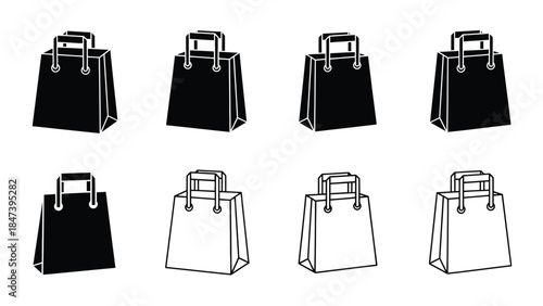 Collection of shopping bags in black and white varying perspectives shown