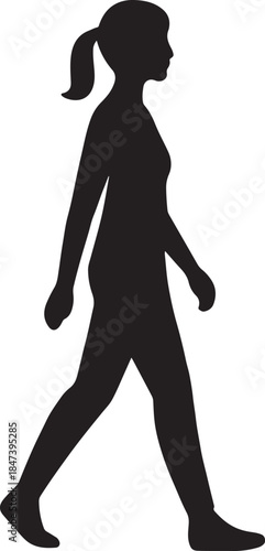 Silhouette of Woman Walking: A minimalist silhouette of a woman in motion, captured from a side perspective, exuding a sense of purpose and stride forward.