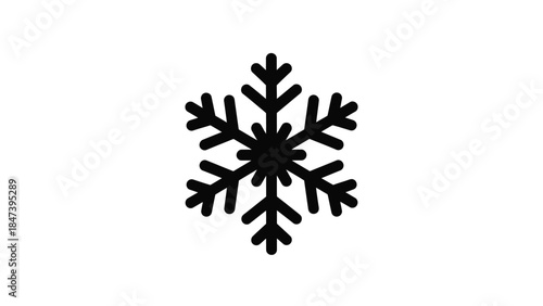 A simple black silhouette of a six pointed snowflake on a white background