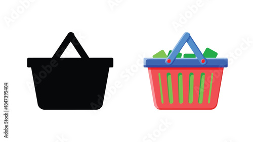 Two shopping baskets one black silhouette and one colorful filled illustration