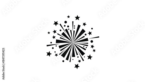 A black and white illustration of a firework explosion with scattered stars