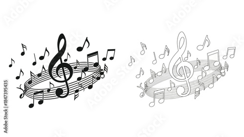 Musical notes and treble clef forming a circular wreath design