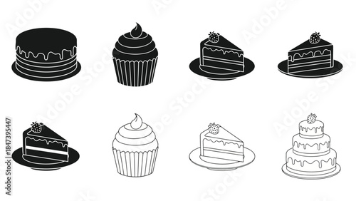 Black and white illustrations of various cakes and layered desserts