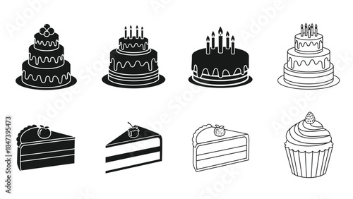 A collection of black and white cake illustrations including tiered cakes and slices