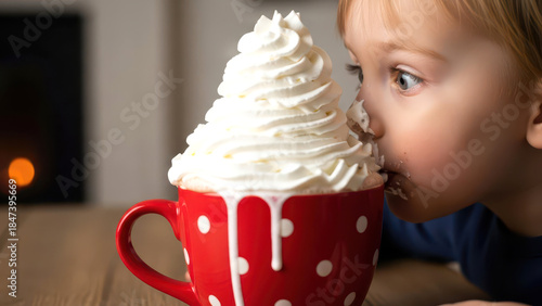 Cute Toddler Boy Eating Whipped Cream from Red Polka Dot Mug